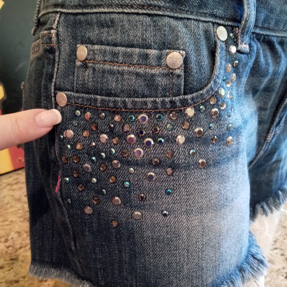 PINK Victoria's Secret Rhinestone Studded Denim Cutoff Shorts - Picture 3 of 11